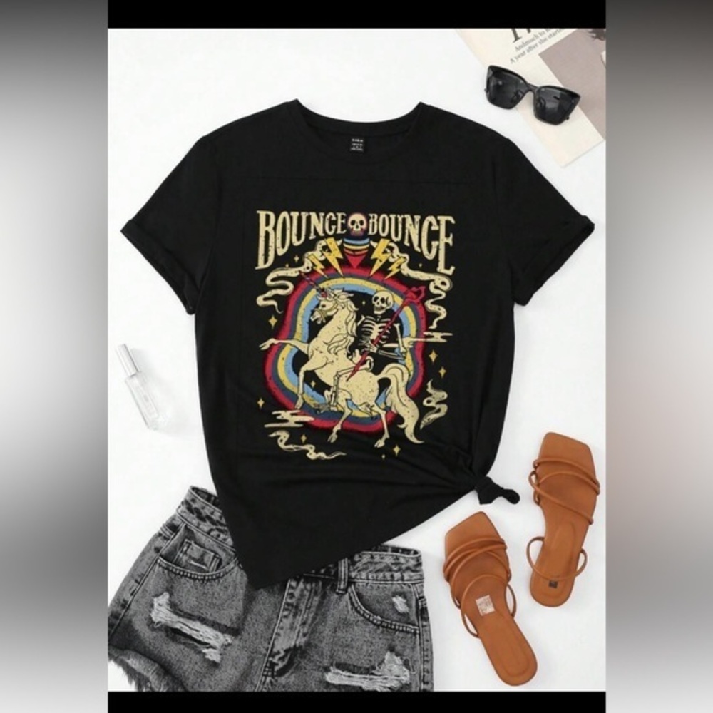 SHEIN || NWT Black Oversized Tee with Skeleton and Unicorn (S)